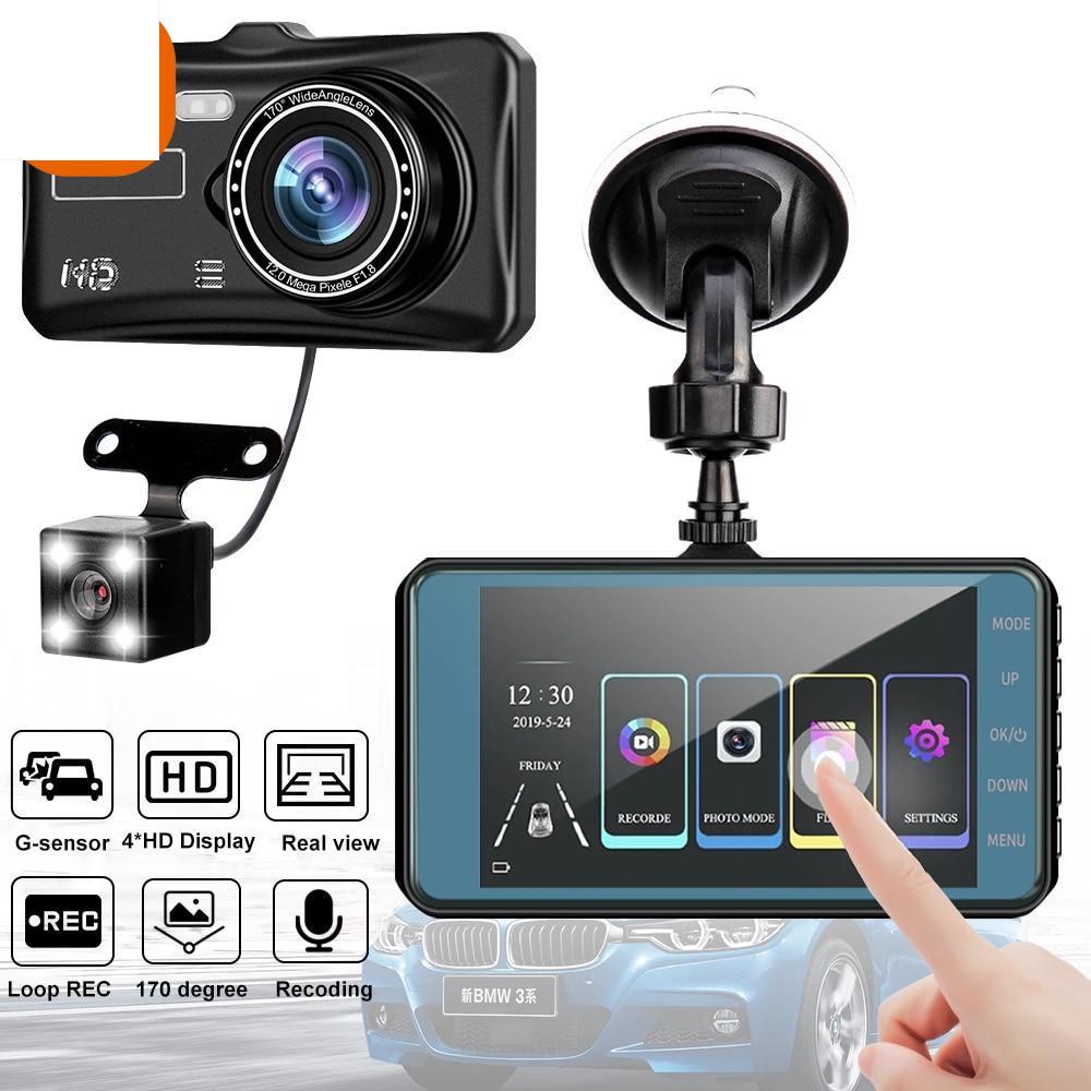 

4-дюймовый сенсорный IPS-видеорегистратор с G-сенсором 1080P, видеорегистратор, видеорегистратор с двумя объективами, широкоугольный регистратор для вождения, мониторинг парковки