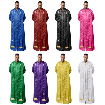 Mens Priest Costume Robe Stand Collar Long Sleeve Front Zip Gold Cross Cassock Vestments Catholic Halloween Cosplay