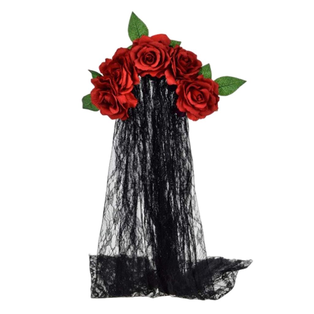 Halloween Gothic Flower Garland With Black Veils Hairband Cosplay Wedding Headpiece Costume Headwear Accessory