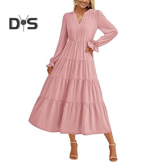 

Весеннее платье с плиссированным подолом в стиле пэчворк, А-силуэт, большое свободное платье миди с V-образным вырезом, длинными рукавами-фонариками, струящееся платье с высокой талией, однотонное платье для свиданий, выпускного вечера XL розовый