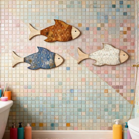 3Pcs/Set Wooden Fish Wall Decor Coastal Wall Art Fish Rustic Fish Wall Art Decoration for Bathroom Bedroom Ocean-Themed Room Lake House