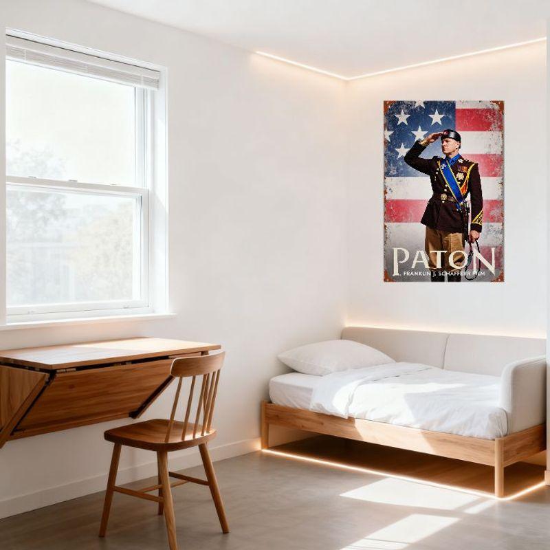 Vintage 'Patton' Movie Metal Tin Sign - Military Soldier Saluting American Flag, Medal Decorated Uniform, Sword & Rifle Decorati