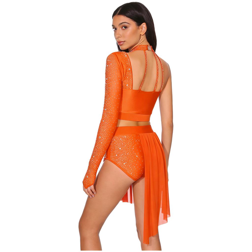 Completo da Donna Crop Top e Pantaloncini Scollo all'americana Manica Lunga Singola Schiena con Laccetti Orlo Asimmetrico in Rete Strass Danza Latina