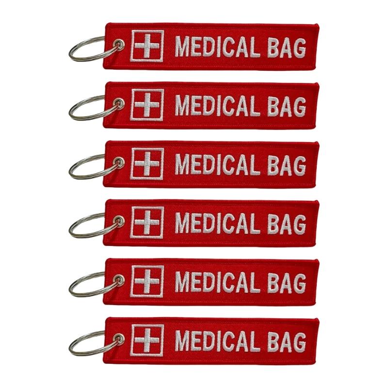 2Pcs Red White Embroidered Component Device Compact Keychain Luggage Identifier With Detachable Metal Ring For Emergency Supplies
