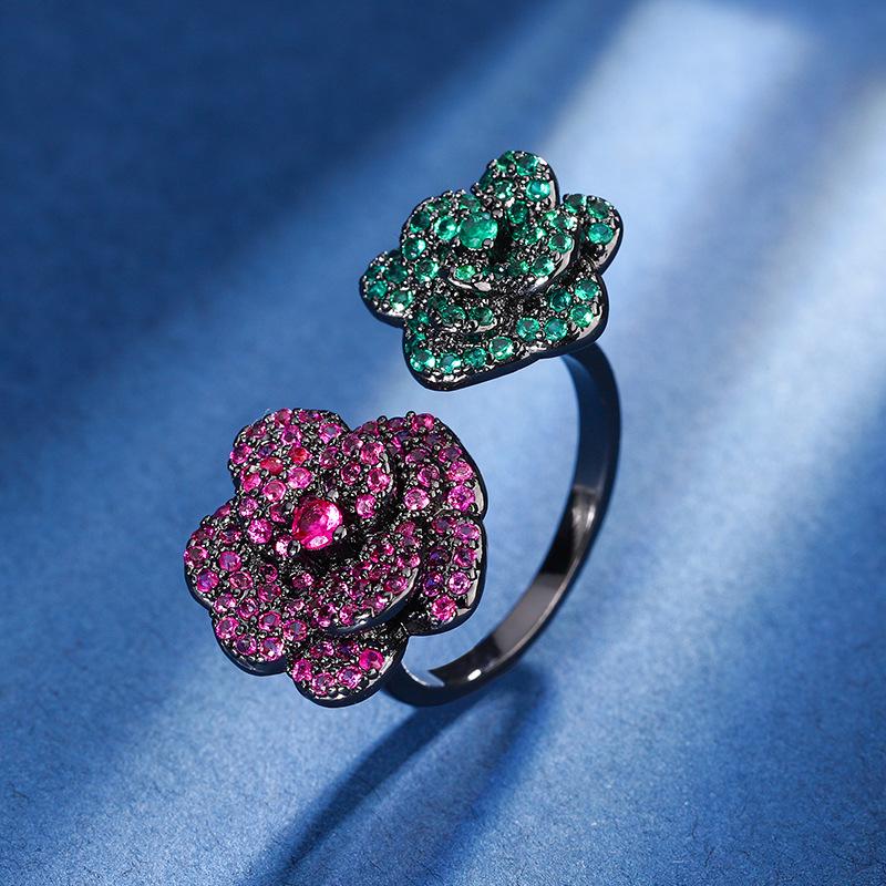 Jewelry Copper Bottom Gold-Plated Simulation Red Corundum Black Gold Immortal Flower Personalized Ring Female