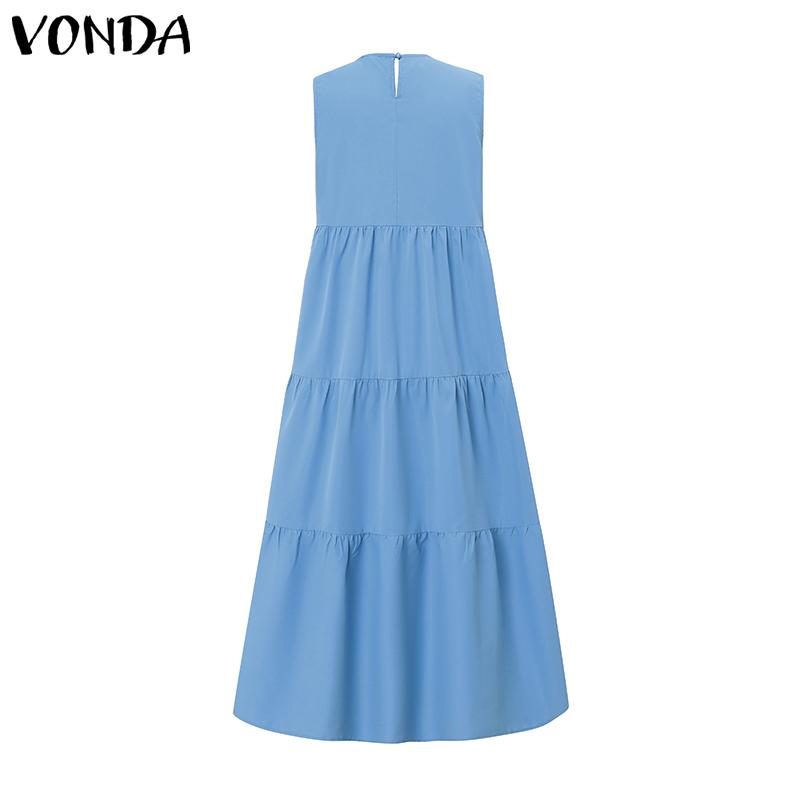 VONDA Women Round Neck Sleeveless Ruffled Casual Swing Pleated Dress