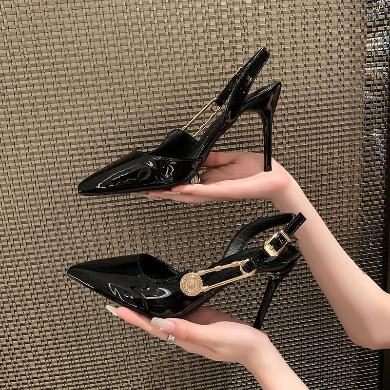 Metal Buckle Stiletto Sandals Autumn New Pointed Toe Shallow Mouth One Strap Anti-Slip Wear-Resistant High Heels