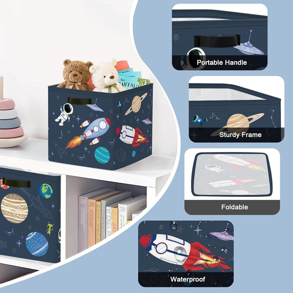 Clastyle 3 Pcs Space Kid Storage Cube Organizer Set Rocket Closet Clothes Cube Storage Bin Blue Nursery Toddler Toy Box Chest Astronaut Book Shelf