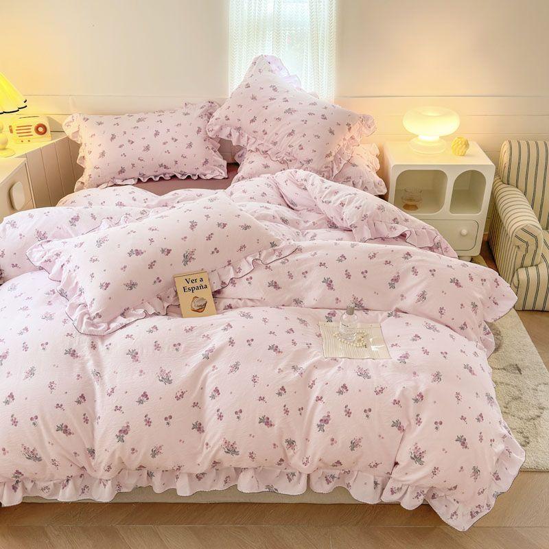 Ins Strawberry Bedding Set Spring Summer Soft Ruffles Princess Floral Duvet Cover No Filler Pillowcase Bed Sheet Quilt Cover