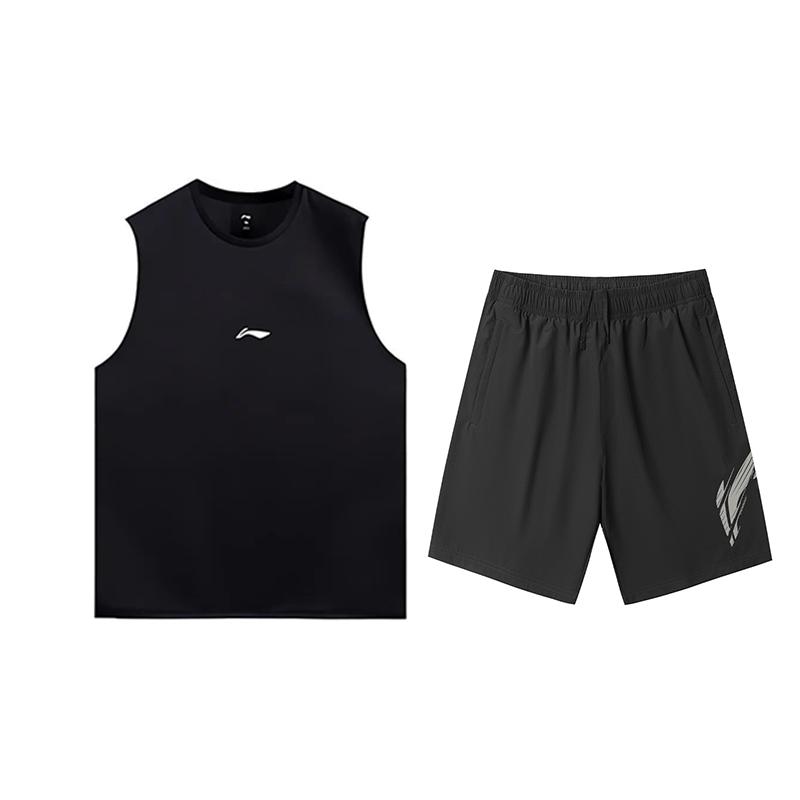 Li-Ning Comfortable Versatile Breathable Sleeveless Vest Casual Sports Set Unisex Sportswear Black YVSV027-2+YKSV151-1