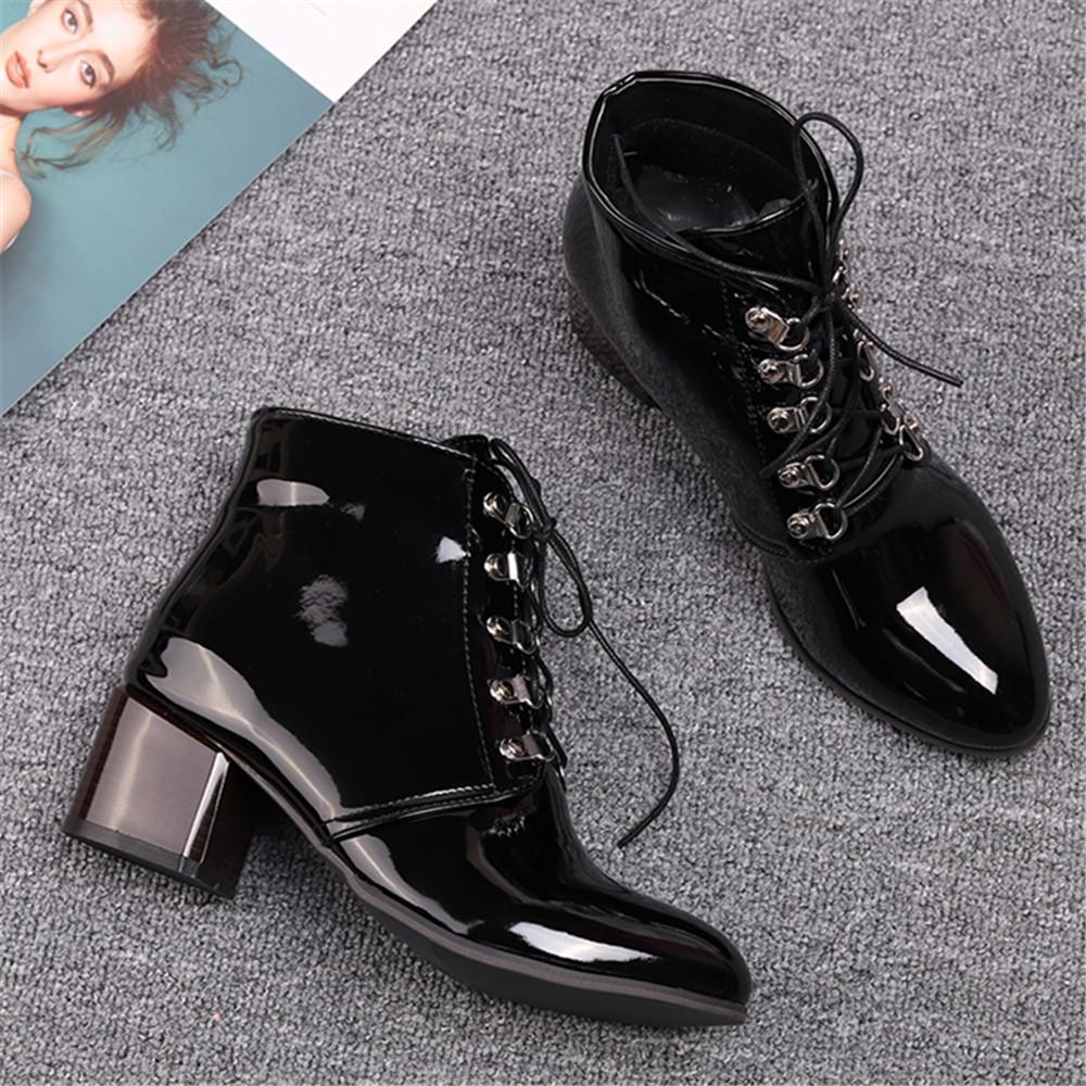 Fashion Spring Autumn New Arrival Fashion Shoes Women Boots Lace-up Patent Leather Ankle Boots Pointed Tick Heels Platform Boots Punk 43