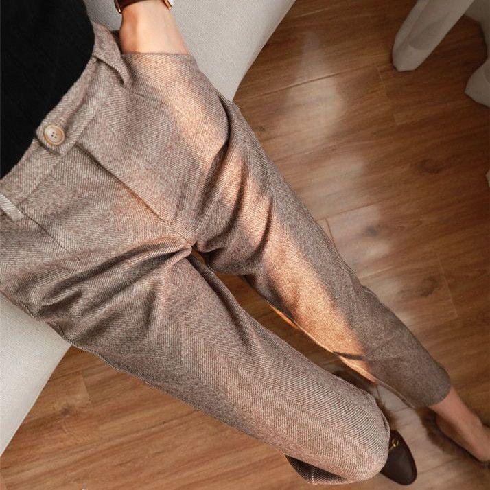 

Woolen Herringbone High Waist Skinny Harem Pants for Women - Slimming Fashionable Long Autumn/Winter Trousers 2025. 3XL (134-145 jin)