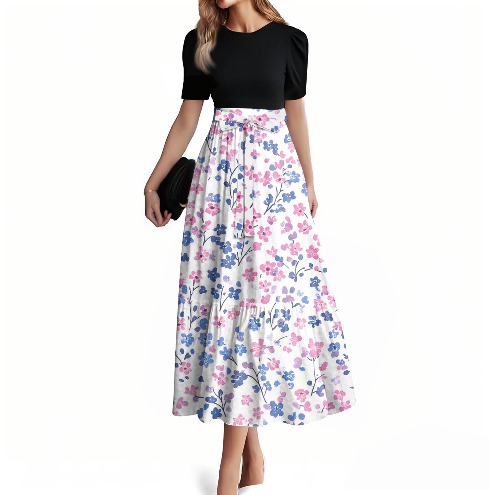 

Women s Fashion Casual Belt Short Sleeve Round Neck Stitching Elegant Temperament Dress M