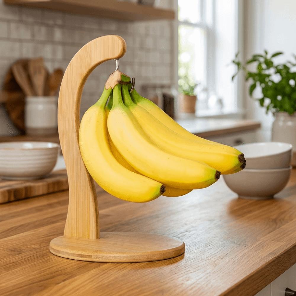 Porte-bananes créatif en bois Garde les bananes fraîches Gain de place Porte-fruits vertical avec crochet Lisse Accrochage Support de cuisine