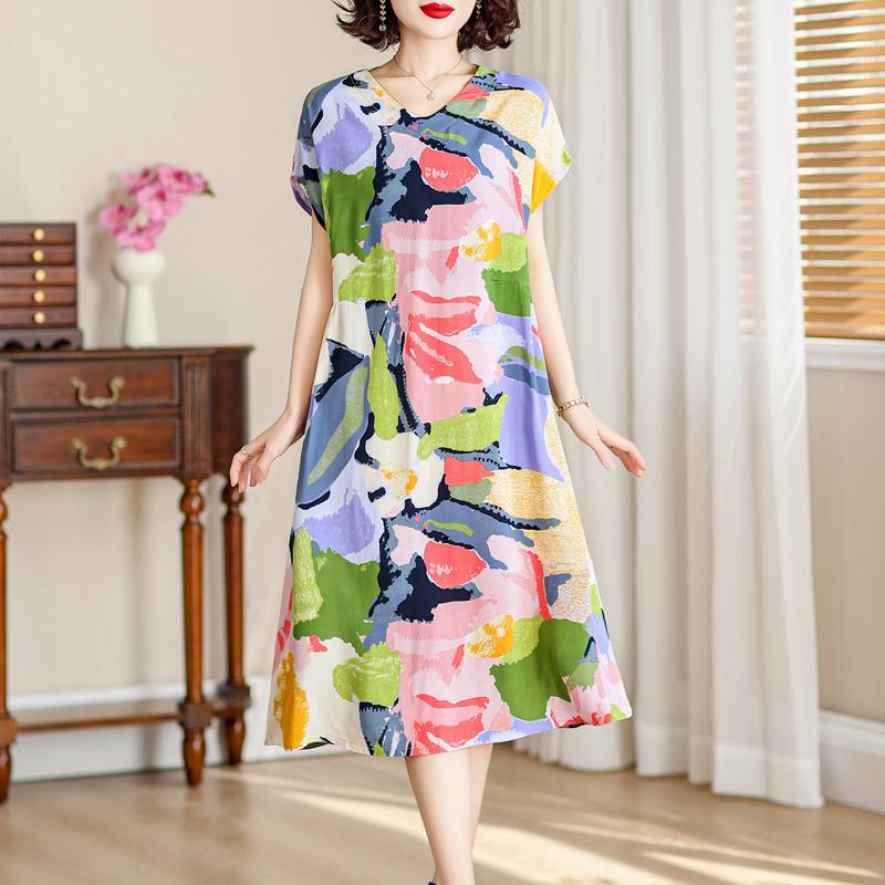 Vintage Long Dresses for Women Short Sleeve Elegant Plus Size Dress Loose Summer Clothes
