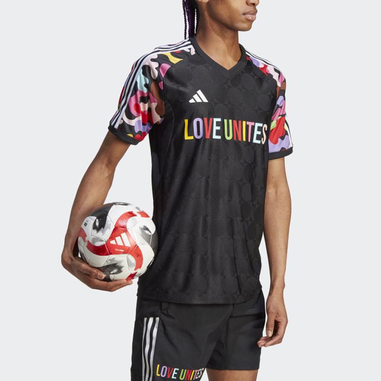 Adidas Pride Pre-Match Jersey Camouflage Print Color Block V-Neck Short Sleeve Soccer Shirt Men Tops Black HY5898