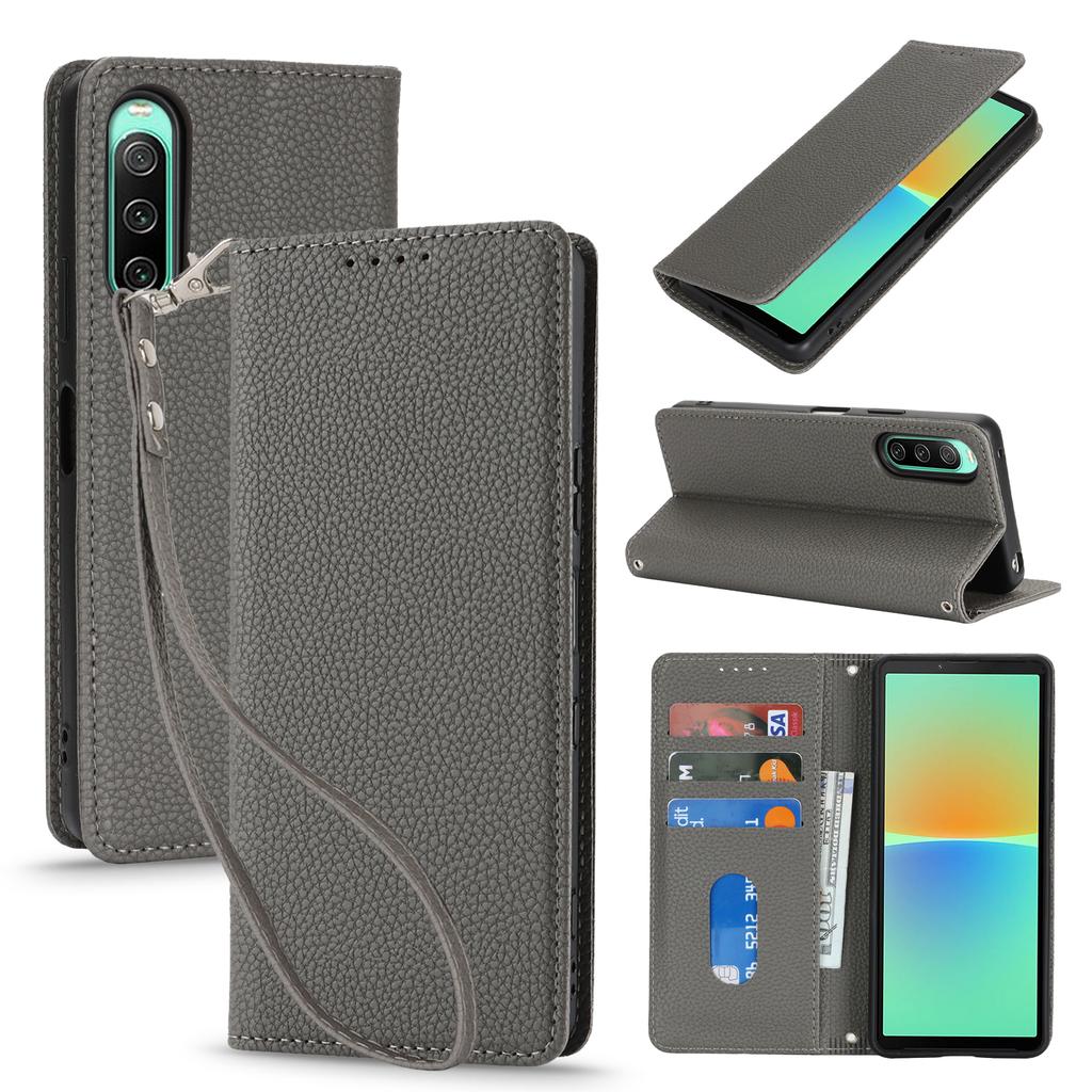 For Sony Xperia 10 IV 5G Case Stand Wallet Litchi Texture Leather Flip Phone Cover with Strap