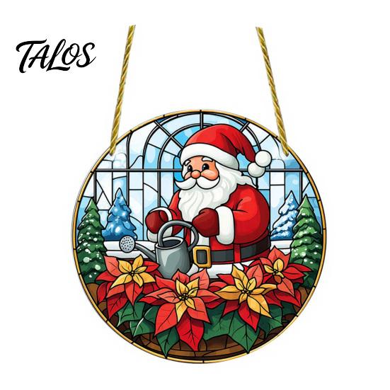 Stained Glass Style Holiday Decor Christmas Hanging Pendant, Acrylic Santa Claus Plants Ornaments with Lanyard Decorative for Xmas Tree Decoration,