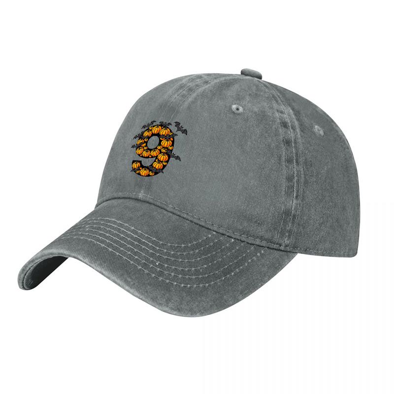 Washed Canvas Baseball Cap with Orange Pumpkin Number Nine Embroidery Design for Autumn Seasonal Style and Casual Wear