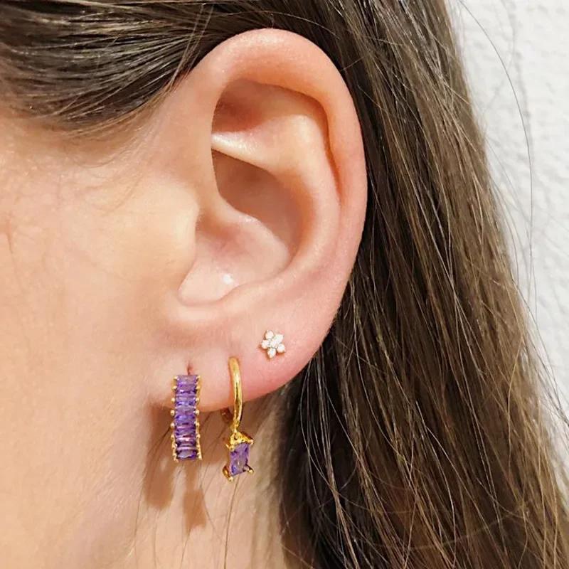 Damen 925 Silber Ohrstecker Lila Zirkon Ohrringe Creolen Lila Kristall Anhänger Ohrring Mode Hochzeits Schmuck