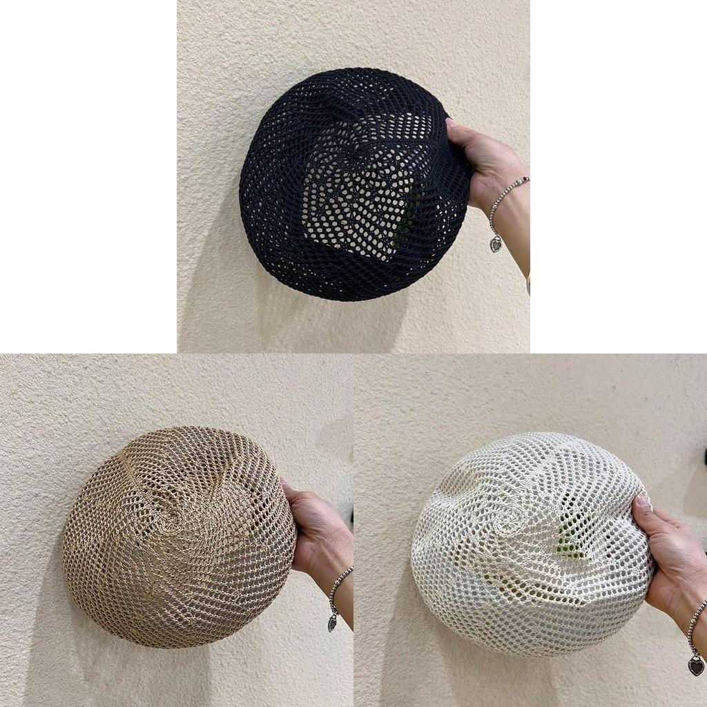 Black Polyester Geometric Beret Hat For Women Sun Protection Casual Style