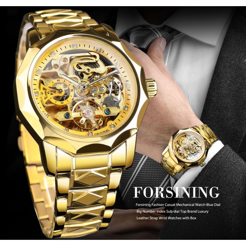 Forsining Men's Fashion Casual Waterproof Hollow Water Diamond Mechanical Watch