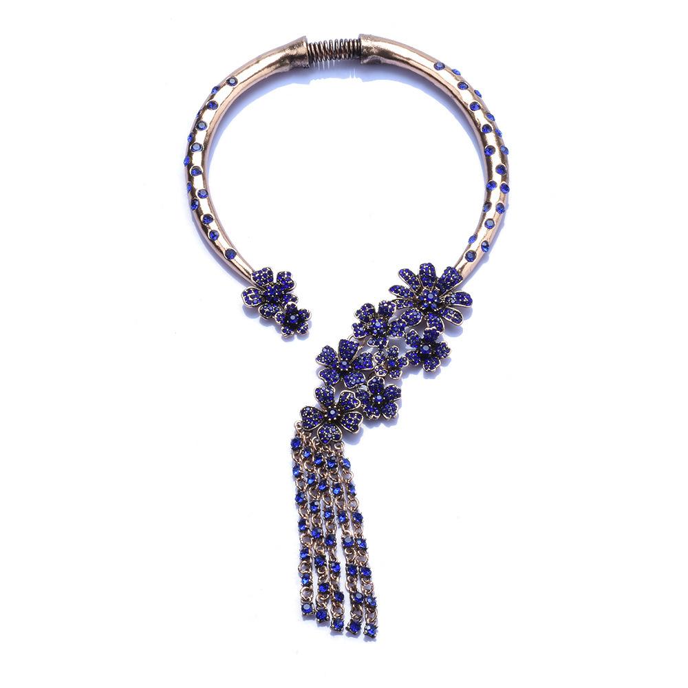Personality: Vintage Alloy Choker, Blue Rhinestones, Exaggerated Necklace Accessory, Long Clavicle Chain, Tassel Necklace