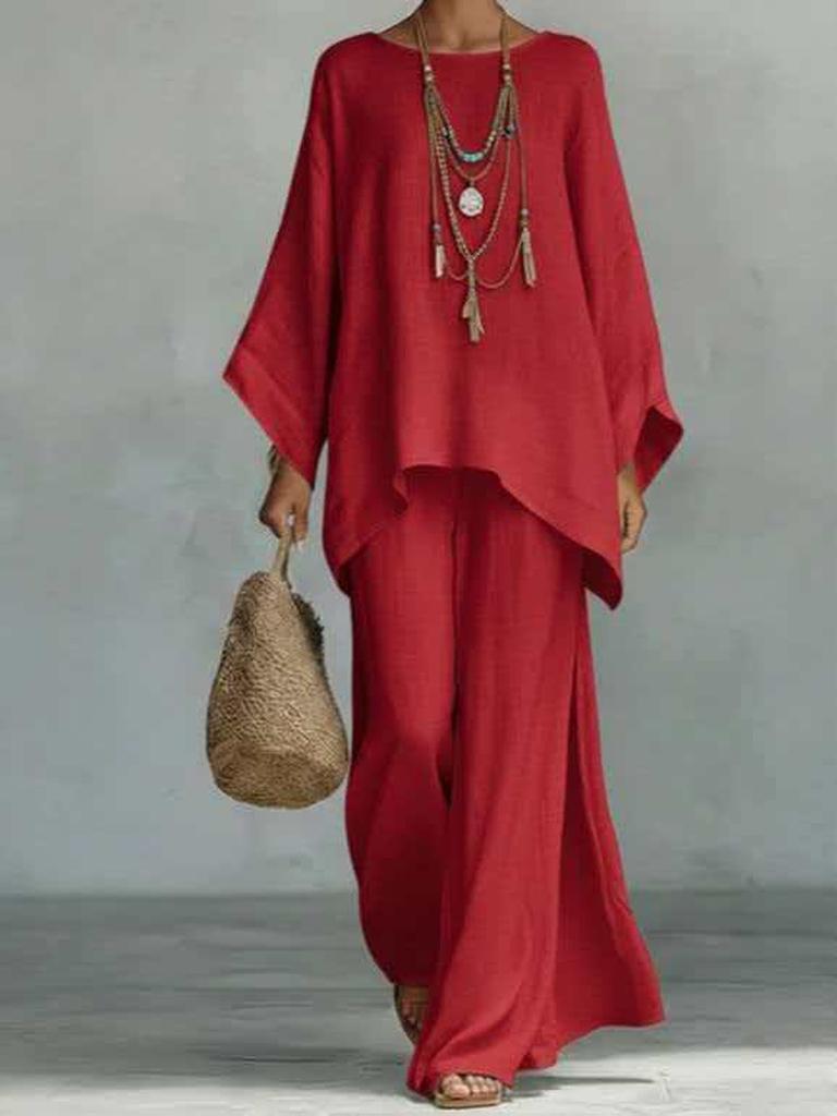 Nový dámský jednoduchý volný set košile a kalhot z lněné směsi