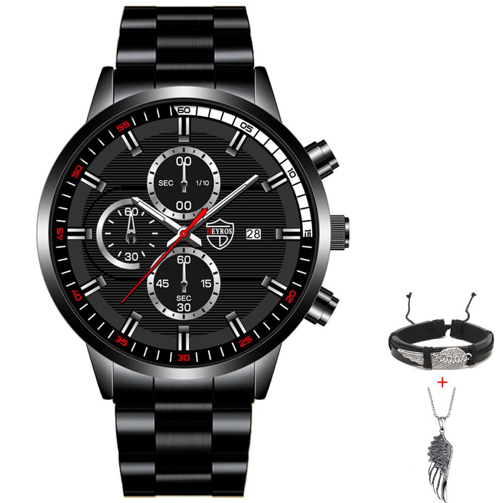 Fashion Men's Calendar Watch Mens Stainless Steel Wristwatch Casual Man Quartz Watches Bracelet Necklace Set Date Clock