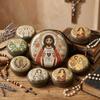 Virgin Mary Prayer Rosary Storage Bag Round Iron Artwork Religious Jewelry Box Zippered Cartoon Christian Gift