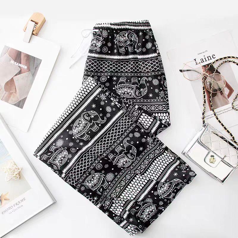 Südostasiatischer Ethno-Stil Damen Thai Elefant Weitbein Strandhose, Hohe Taille Schlankmachende Gerade Bein Sommerhose.
