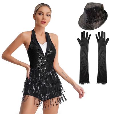 Kadın Payetli Püsküllü Caz Latin Dans Leotard Elbise Eldivenli Şapkalı Cha-cha Samba Rumba Salsa Tango Salon Dansı Performans Badi