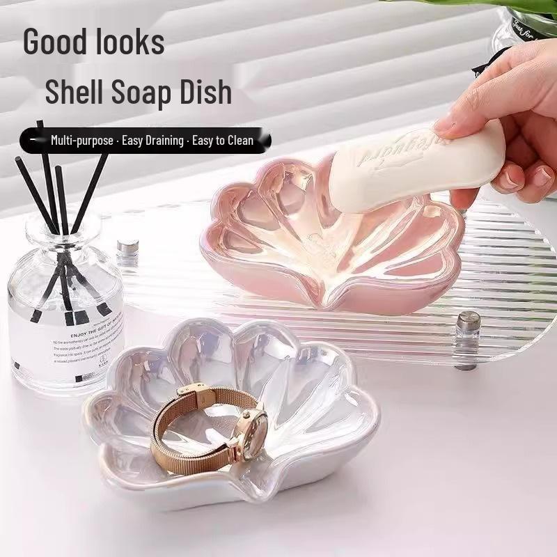 Luxury Shell-Shaped Soap Dish, Draining Plastic Holder for Bathroom Sink