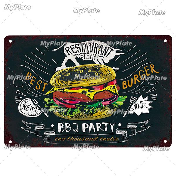 [MyPlate] Hamburger Metal Sign Plaque Metal Vintage Tin Sign Wall Decor For Club Man Cave Bar Decoration Tin Plate