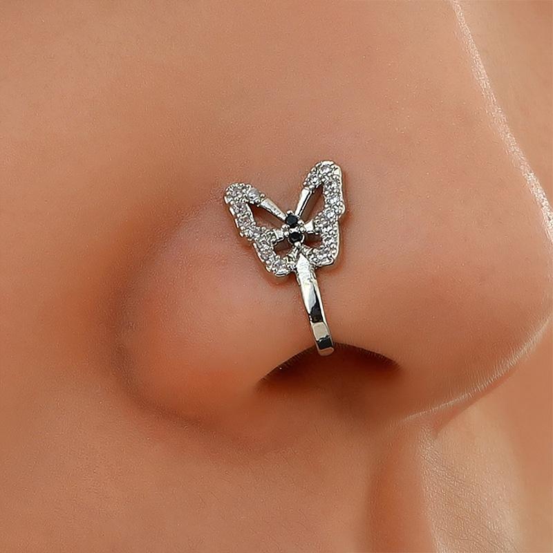 Zircon Butterfly Nose Ring for Women Men U Shaped Fack Piercing Nose Nail No Hole Nose Clip Punk Jewelry Personality Accessories