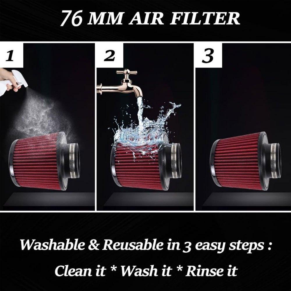 Universal 76mm 3-inch One-Piece Sports Racing Car Cold Air Intake System, Washable and Reusable Engine High Flow Air Filter