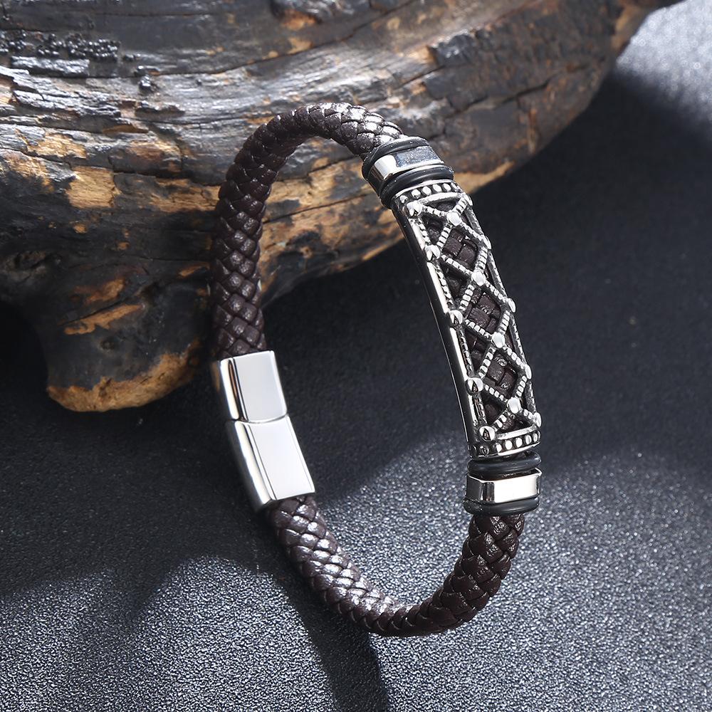 

New Leather Bracelet Retro Plaid Stainless Steel Men s Woven Hip-hop Bracelet 205mm коричневий