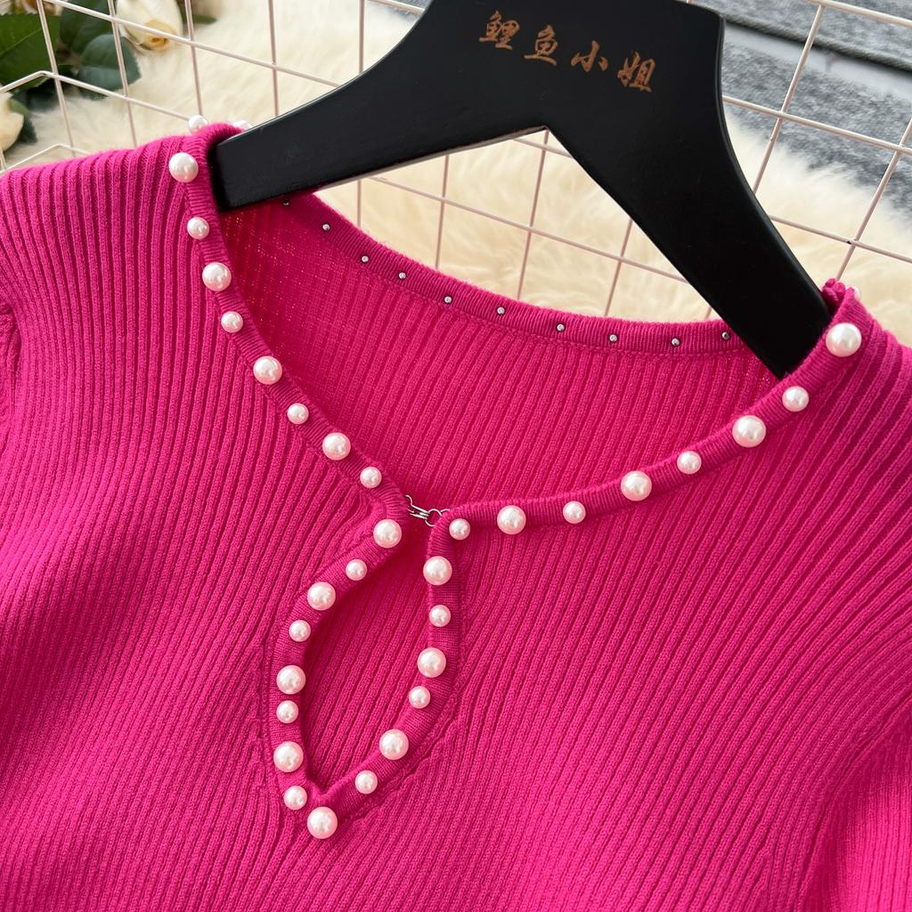 Autumn Spring Women Full Sleeve Luxury Beading Knitted Sweater Party Dress Long Midi Sheath Bodycon Pullover Dresses