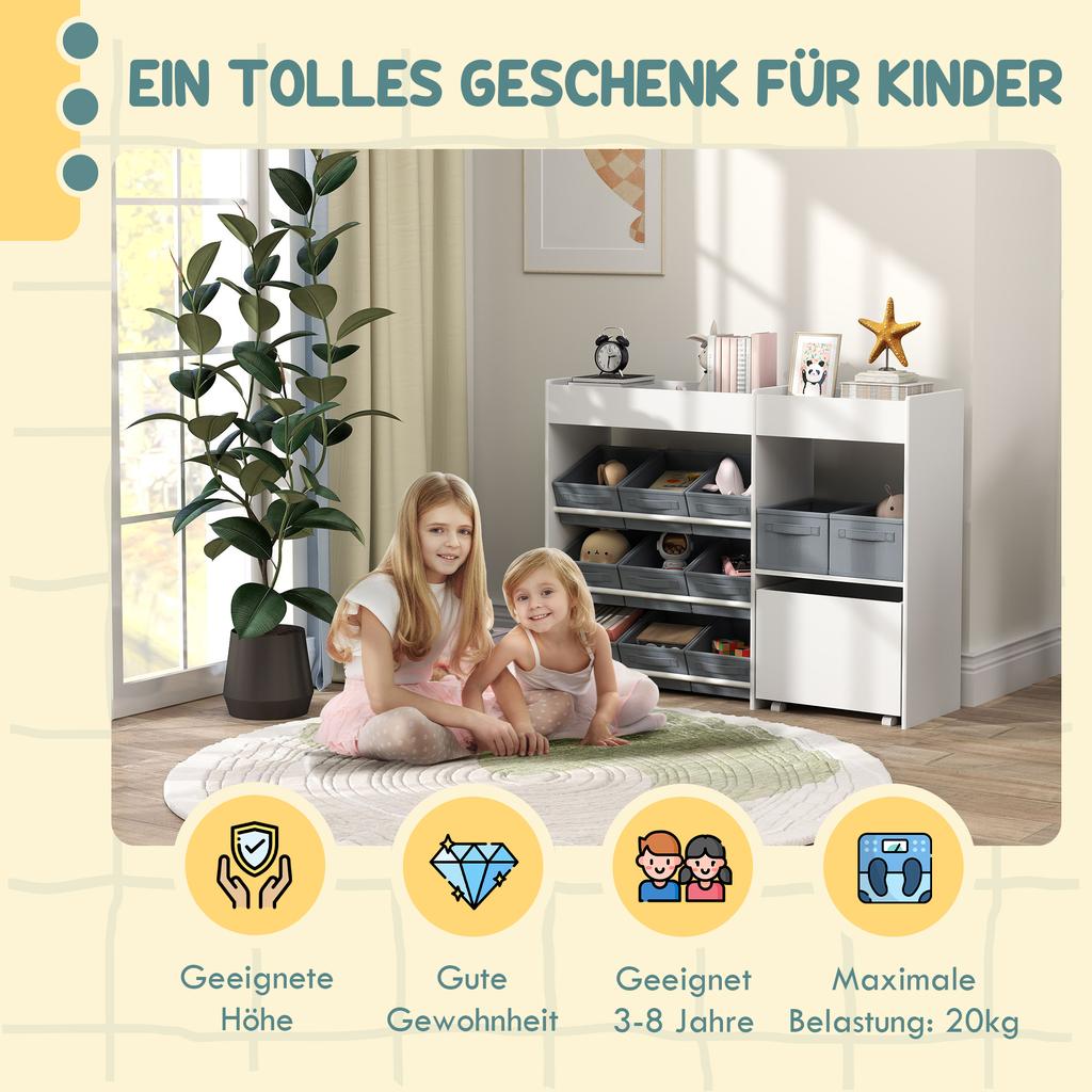 Kids' Storage Shelf, Toy Cabinet for Children with 11 Fabric Boxes, Upper Compartments, White