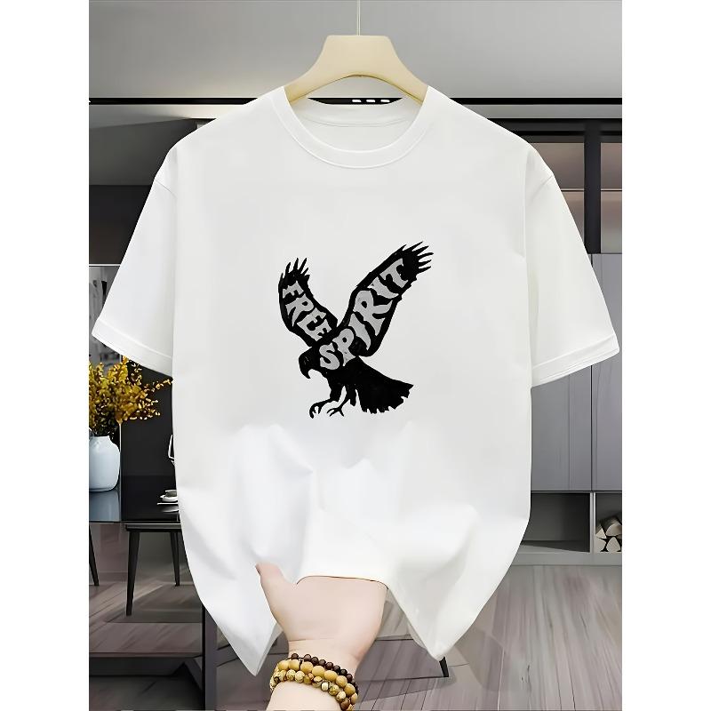 

European sizes Free Spirit Style: White Casual Short-Sleeved T-Shirt with a Soaring Eagle Pattern And FREE SPIRIT Text Print S белый