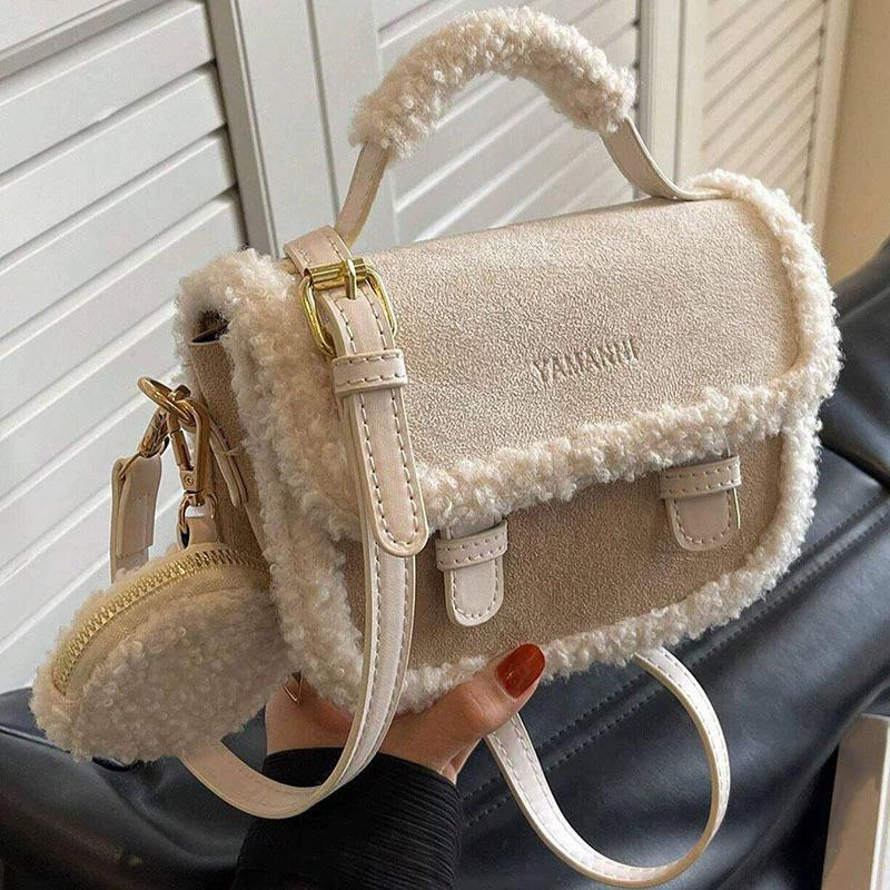 Women s Fall Winter Fluffy Suede Shoulder Bag, Solid Color Casual Versatile Handbag with Coin Purse, Fashion Daily Commuter Bag белый