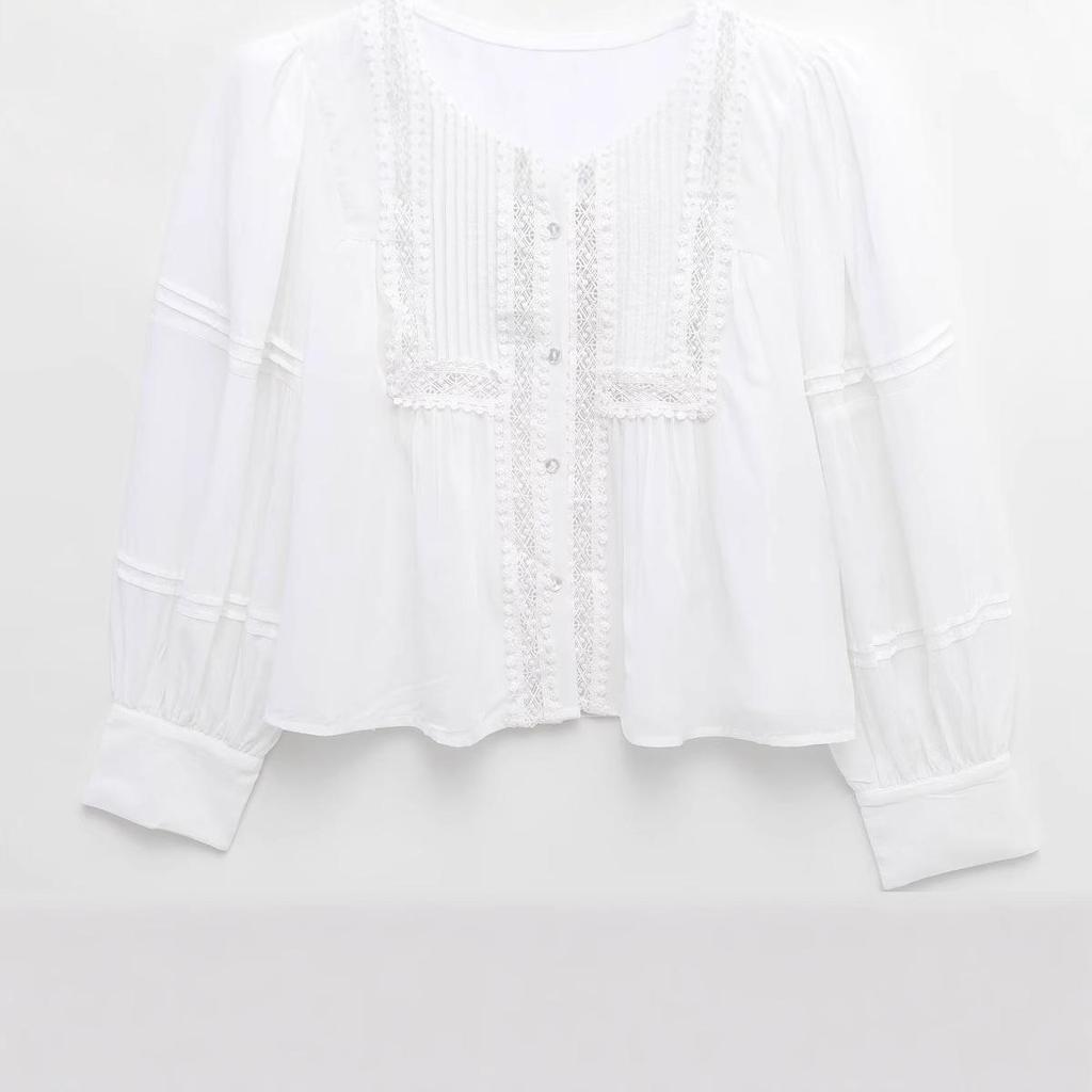 Spring 2025 Women's European and American Style Lace Pleated Shirt Top
