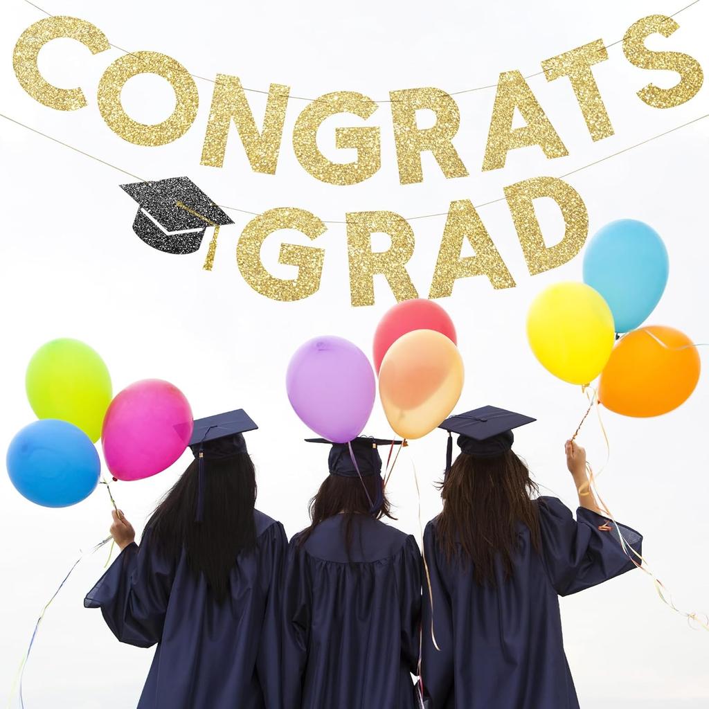 Congrats Grad Banner Gold Glitter Pre-Strung Congrats Grad Sign - 8ft -No DIY - Graduation Party Decorations for Class of 2025 Graduation Decorations