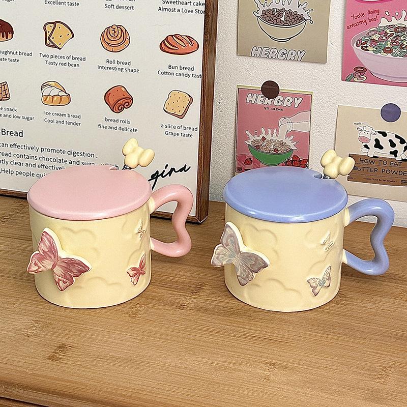 Cup Girls High-value Butterfly Mug with Lid Spoon Ceramic Cup Souvenir Birthday Gift Drinking Cup Household