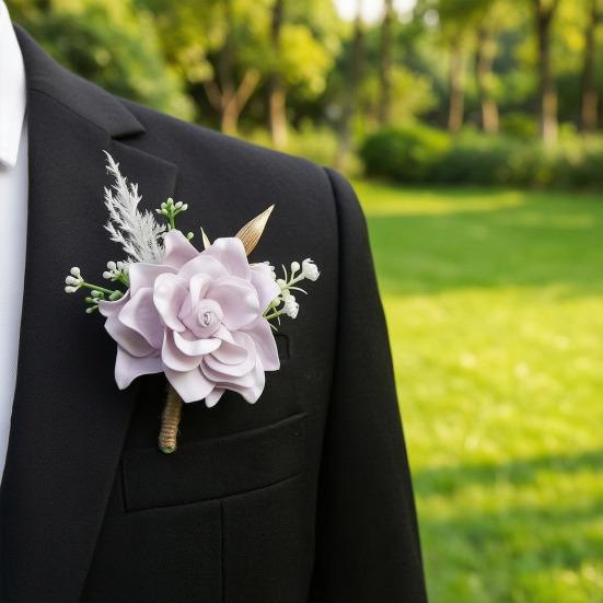 Men Simulated Rose Corsage Lightweight Compact Size Brooch Forest Style Suit Decoration with Green Leaves Vine Elements Prom Floral Accessory
