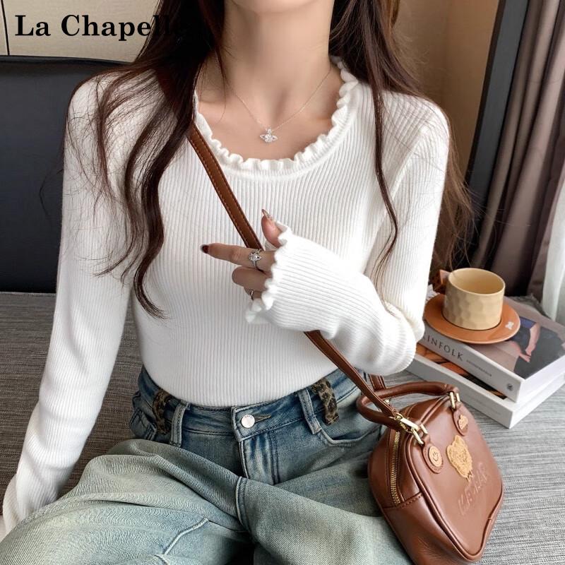 La Chapelle Damen Strickoberteil mit Rüschenkante und langen Ärmeln