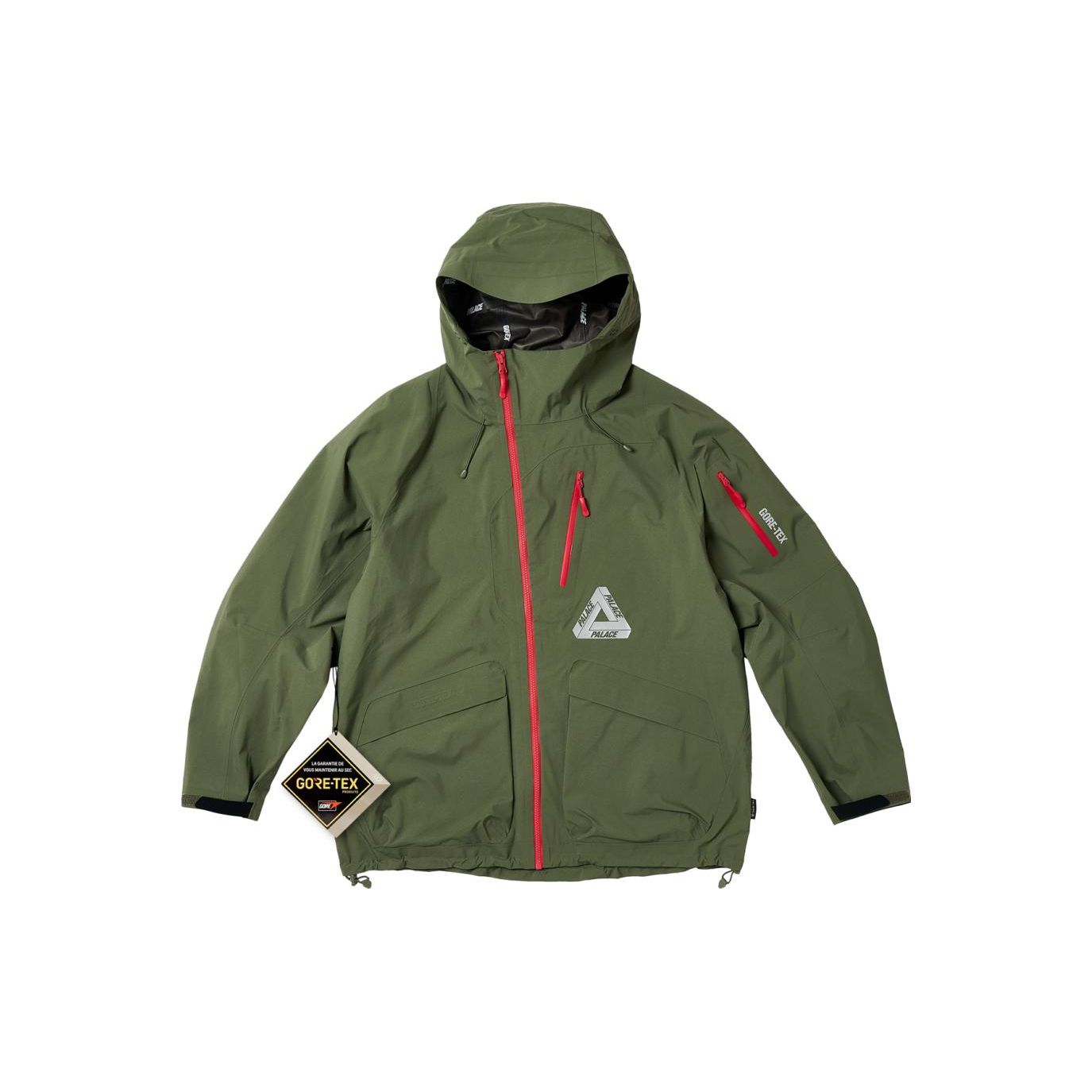 

Palace FW23 Gore-Tex R-Tek Jacket With Asymmetrical Zip Pocket Quick-Dry Hard Shell Hooded Waterproof Technical Unisex Outerwear Olive-Green P24JK037