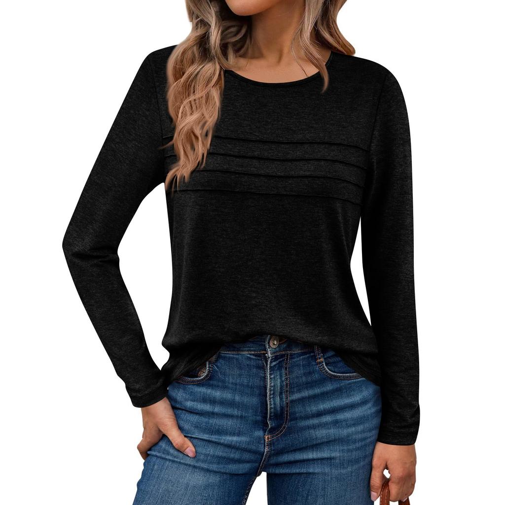 Long Sleeve Shirts For Women Pleated Color Casual Blouses Fashion Basic Round Tops
