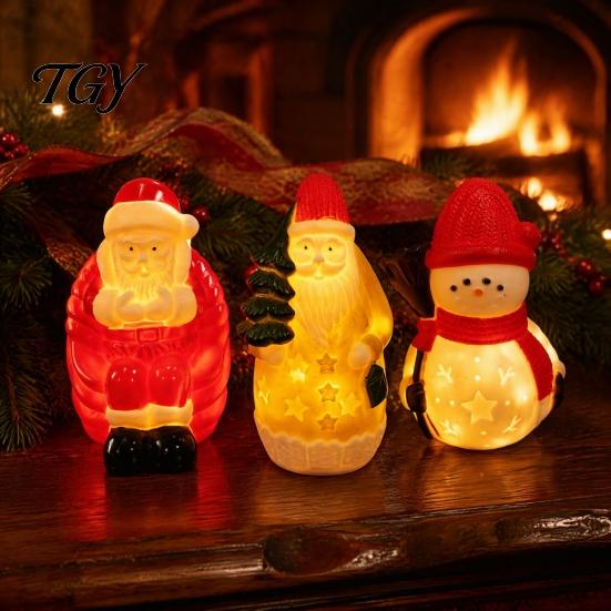 Vinyl Desktop Nightlight Christmas Night Light, Santa Snowman Elk Bell Figurine Lamp, Glowing Holiday Home Decor Gifts LED Tabletop Decor, Festive