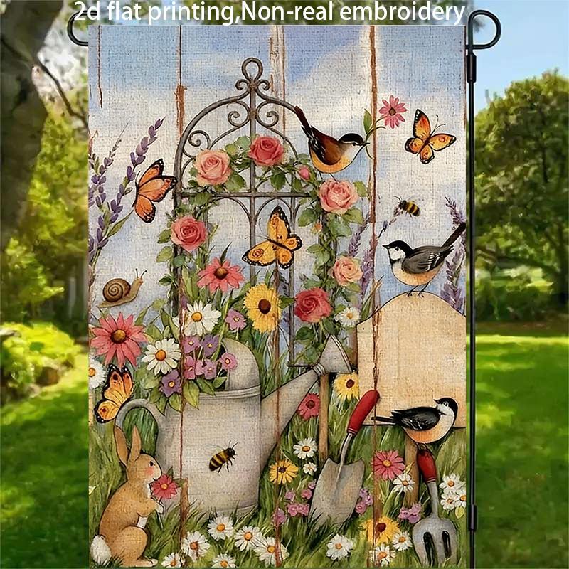 2D Flat - 2D Flat - 1pc, 2D Flat Printing, Pastoral Style Floral And Bird Garden Flag, Material, Multiple Sizes Available, Machine Washable for Outdoo